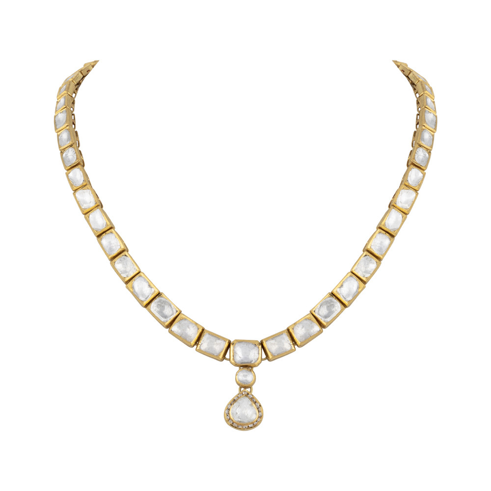 Square Polki Linear Necklace with Drop Pendant